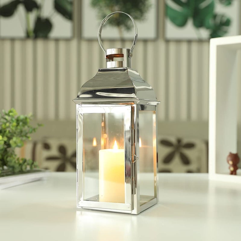 JHY DESIGN Silver Decorative Lanterns 12.5''High Stainless Steel Candle Lanterns with Tempered Glass for Indoor Outdoor Events Parities and Weddings Vintage Style Hanging Lamps - Image 5